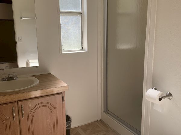 A small bathroom with a wooden vanity, sink, mirror cabinet, two-pane window, a shower with frosted door, and a toilet with a toilet paper roll.