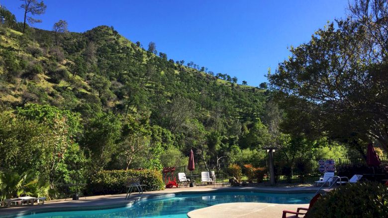 A sunny poolside scene with clear blue water, surrounding trees and hills, lounge chairs, and a bright sky.