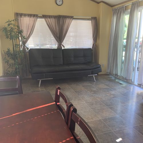 A room with a black sofa, table with chairs, plant, clock, and curtains partially open, letting natural light in through a glass door.